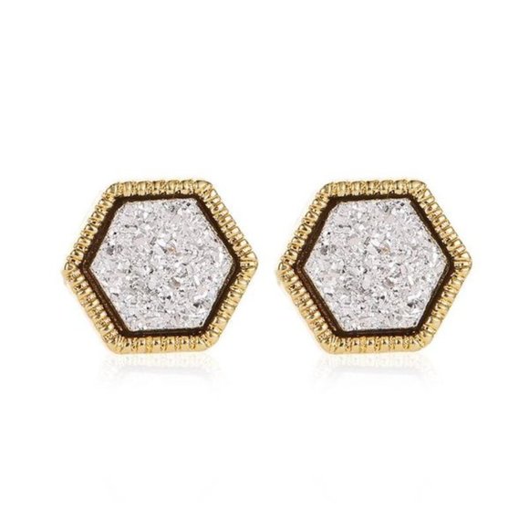 3/$25 Gold & Silver Druzy Hexagon Stud Earrings - Picture 2 of 3